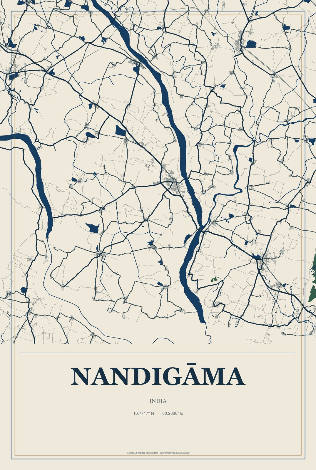Nandigāma, India City Map Aluminum Sign in Coastal Cutout style