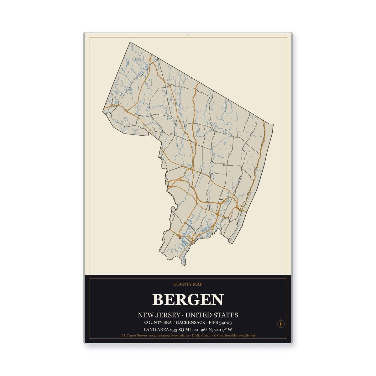 Bergen County, New Jersey Map Aluminum Sign in Museum Plaque style