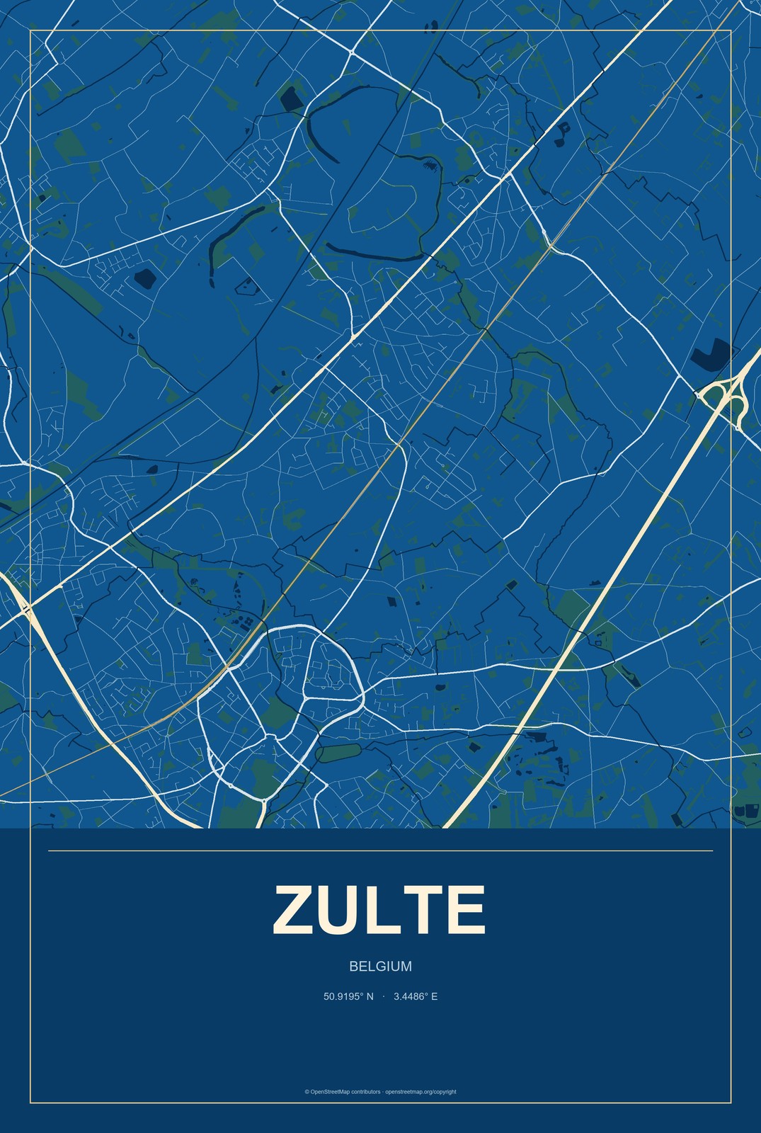 Zulte, Belgium City Map Aluminum Sign in Harbor Cobalt style