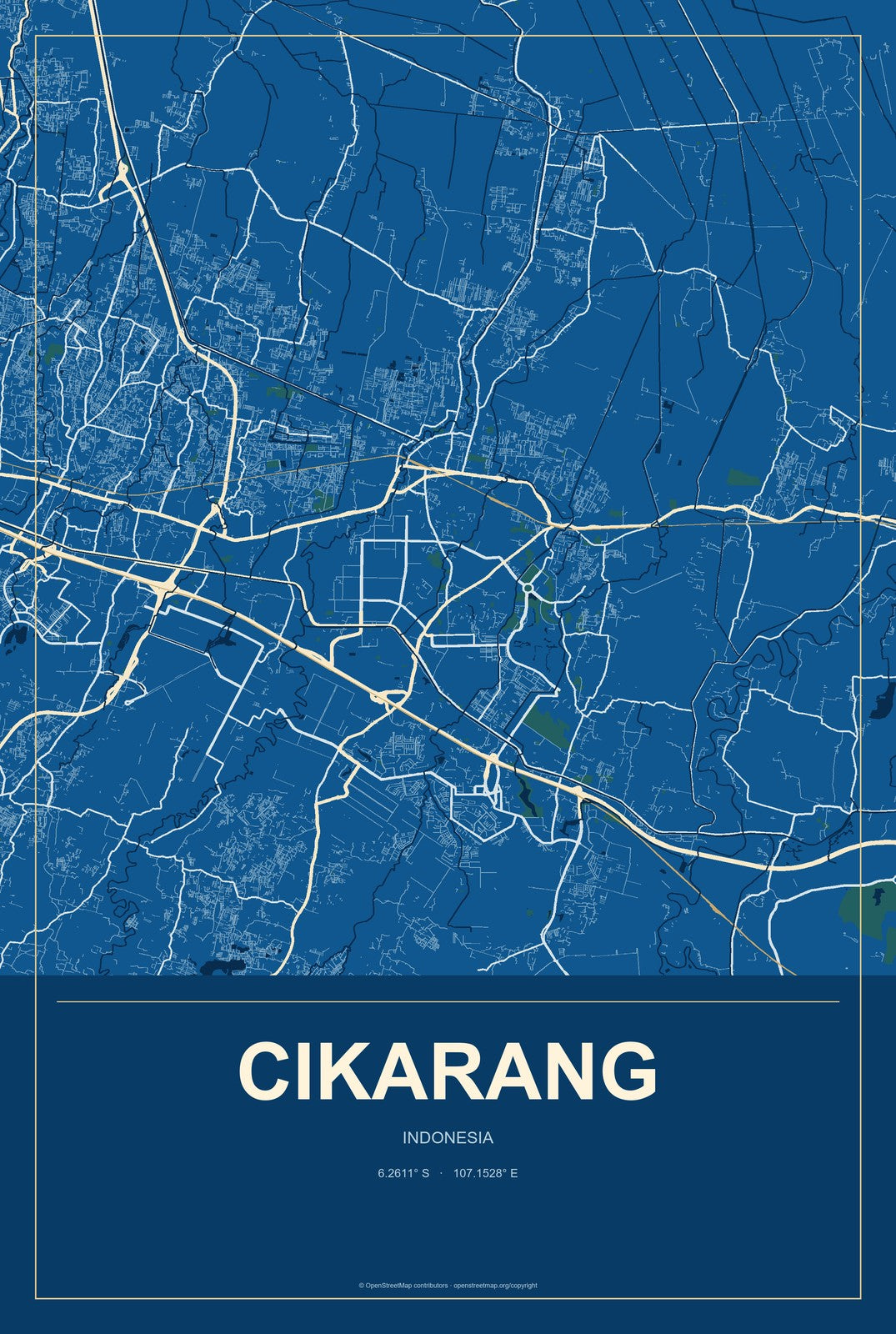 Cikarang, Indonesia City Map Aluminum Sign in Harbor Cobalt style
