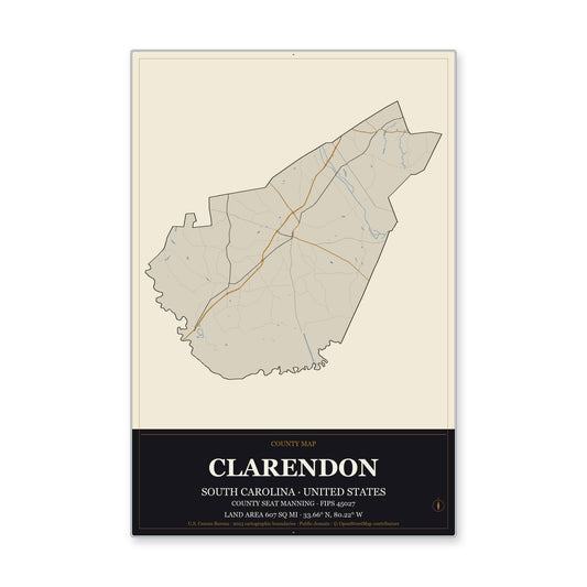 Clarendon County, South Carolina Map Aluminum Sign in Museum Plaque style