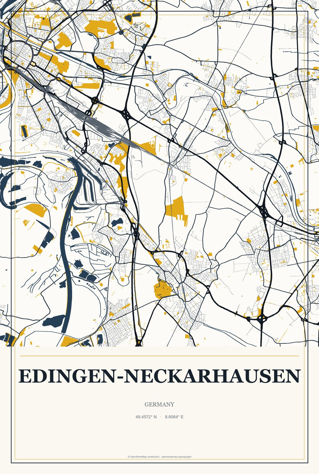 Edingen-Neckarhausen, Germany City Map Aluminum Sign in Citrine Modern style