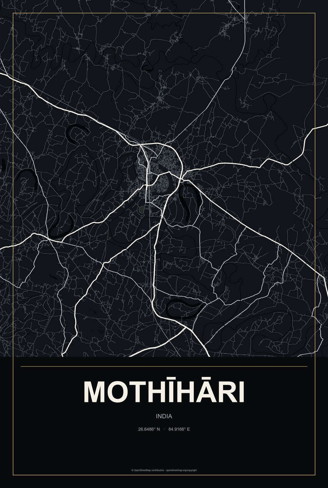 Mothīhāri, India City Map Aluminum Sign in Metropolitan Noir style