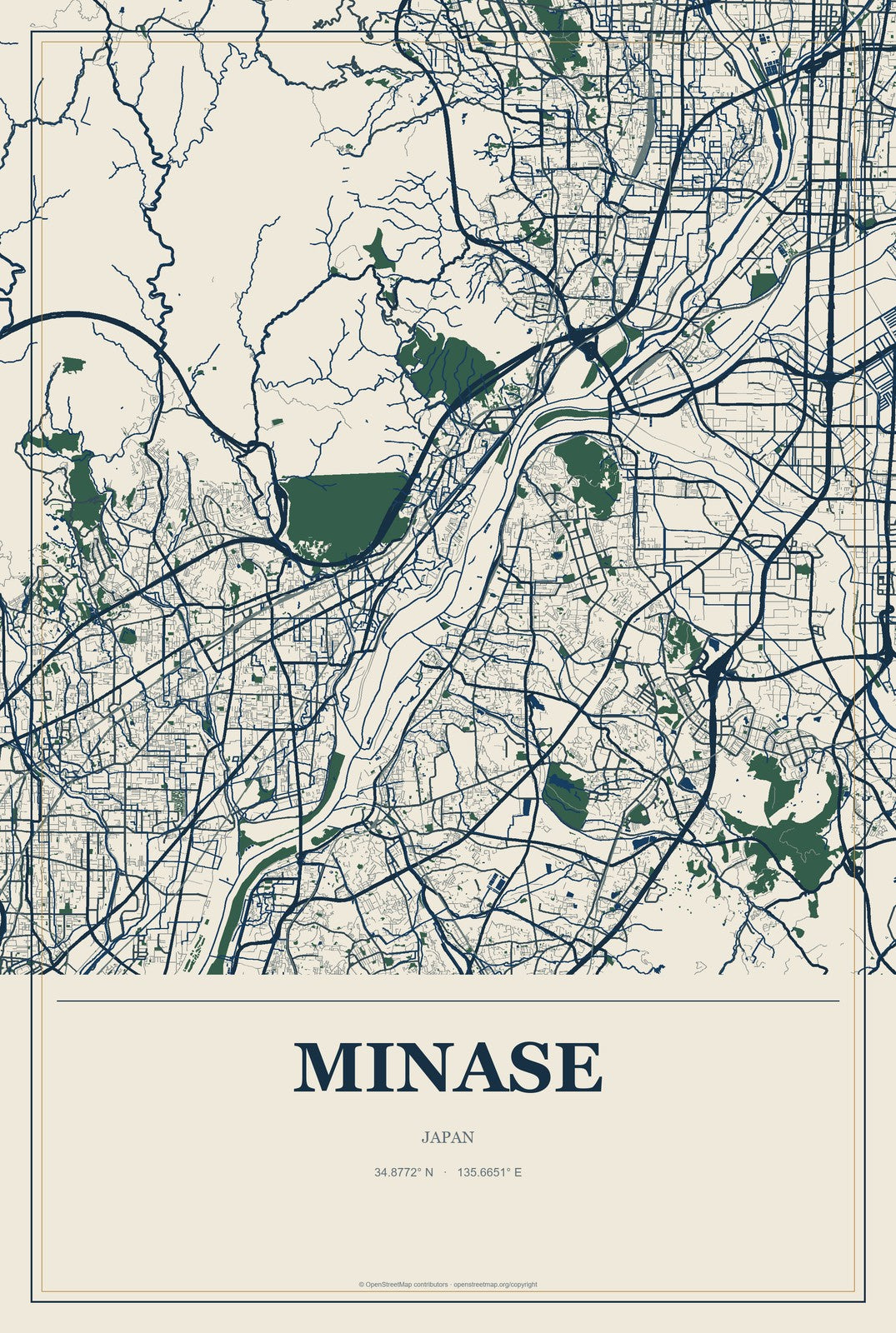 Minase, Japan City Map Aluminum Sign in Coastal Cutout style