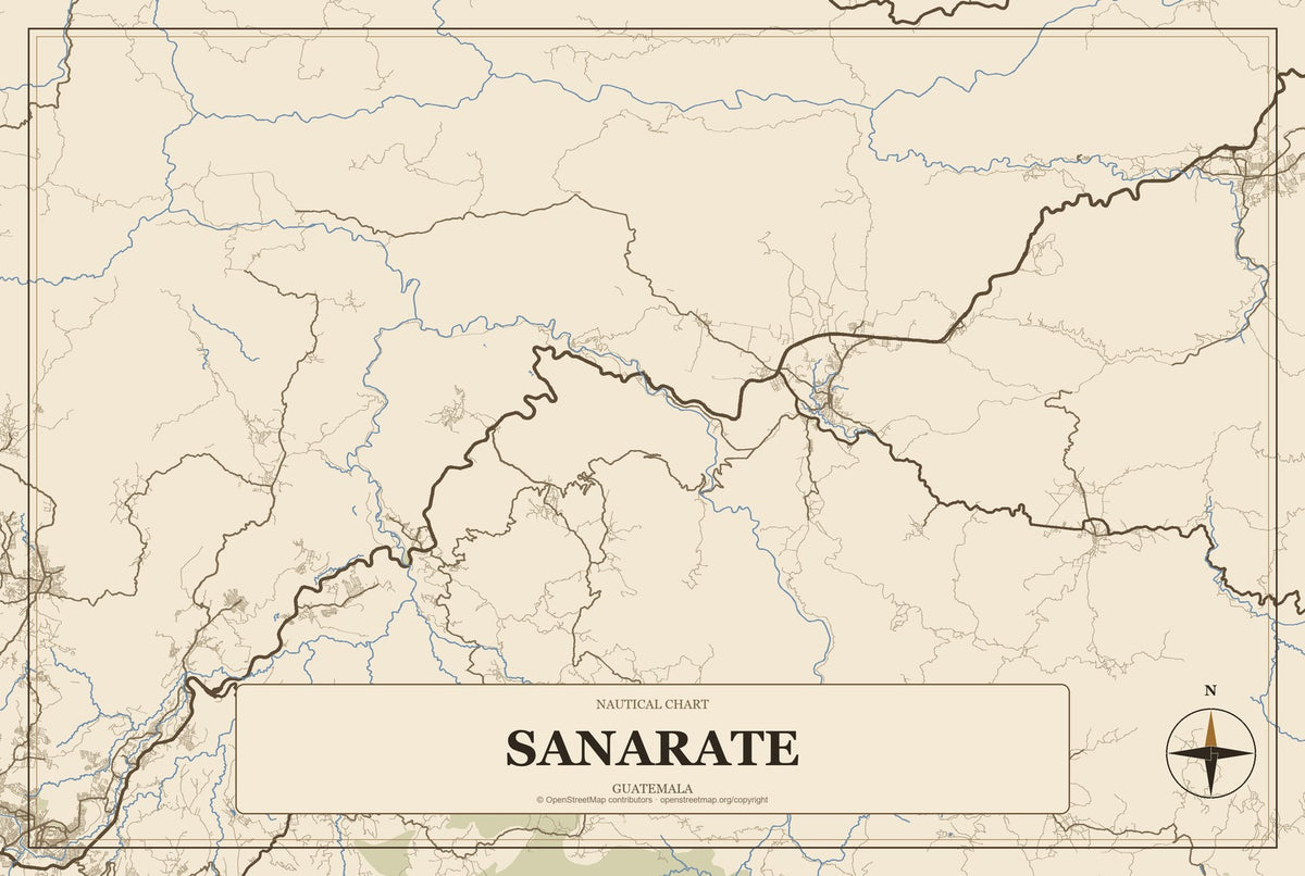 Sanarate, Guatemala City Map Aluminum Sign in Heritage Nautical style