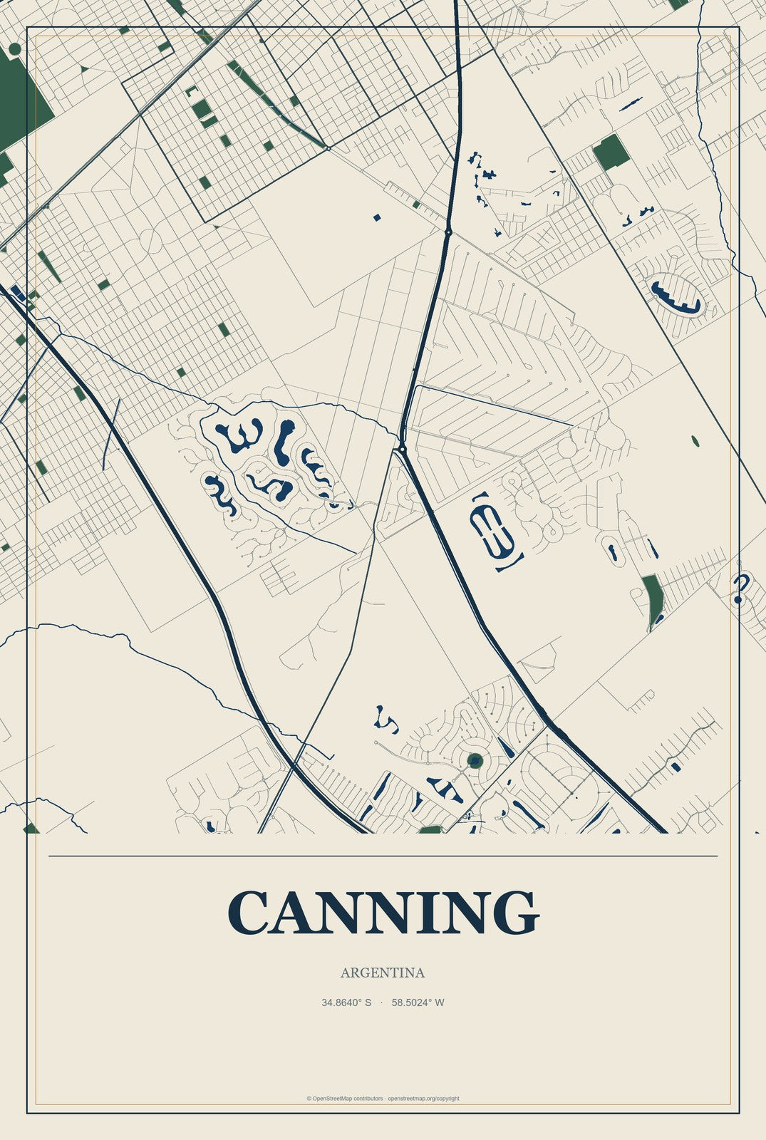 Canning, Argentina City Map Aluminum Sign in Coastal Cutout style