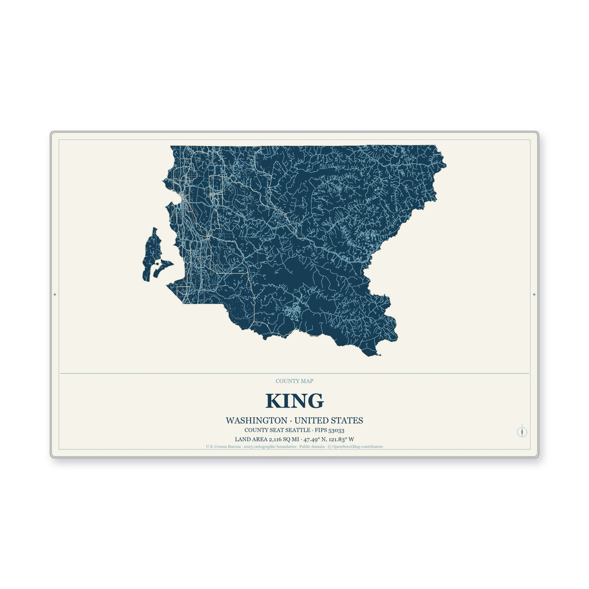 King County, Washington Map Aluminum Sign in Coastal Cutout style