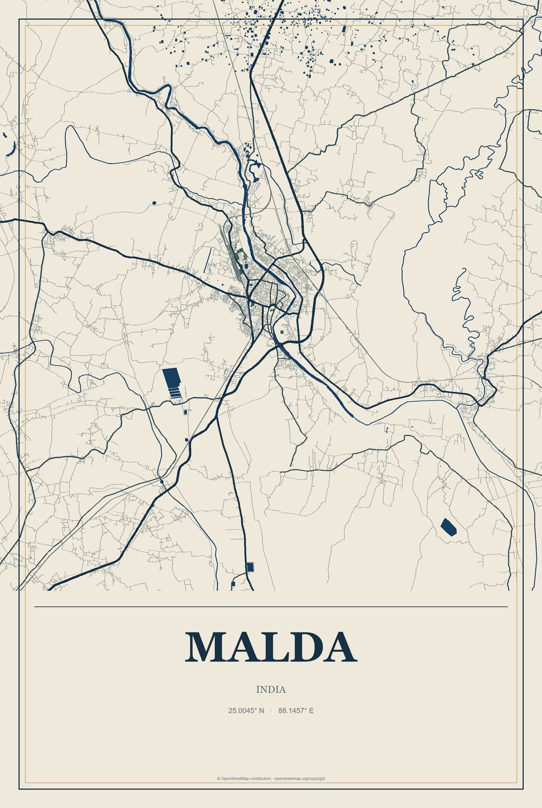 Malda, India City Map Aluminum Sign in Coastal Cutout style