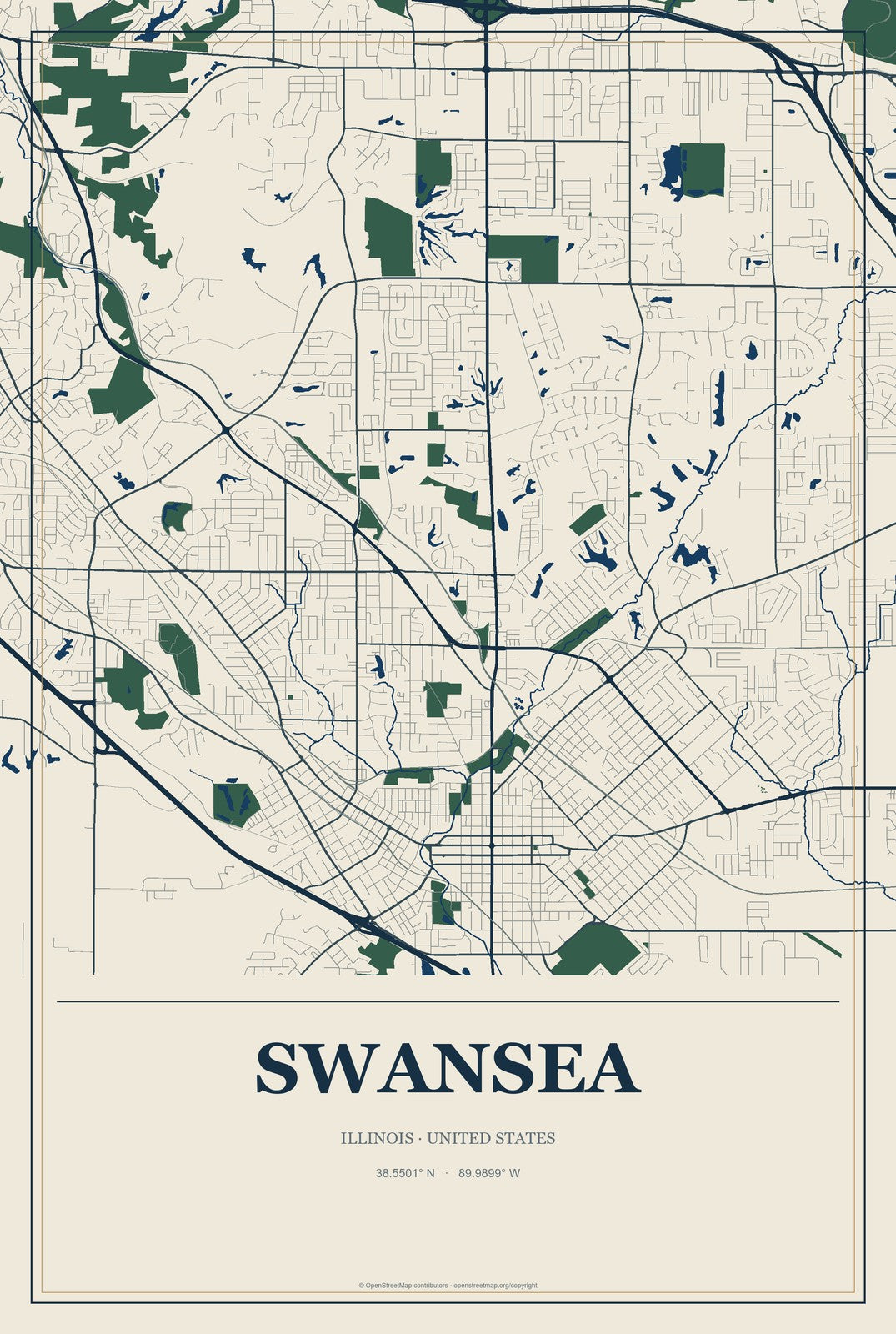 Swansea, Illinois City Map Aluminum Sign in Coastal Cutout style