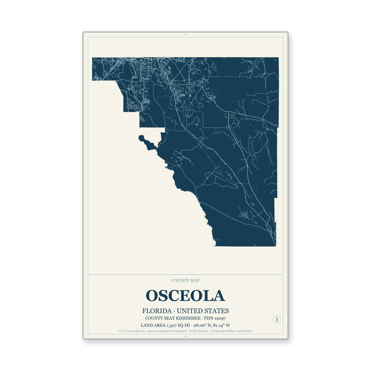 Osceola County, Florida Map Aluminum Sign in Coastal Cutout style