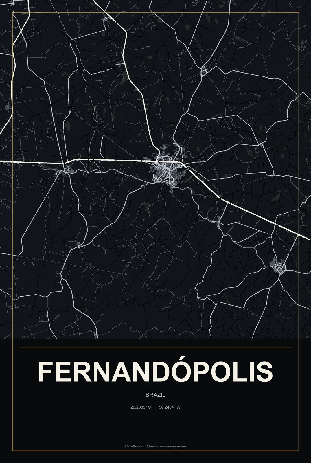 Fernandópolis, Brazil City Map Aluminum Sign in Metropolitan Noir style