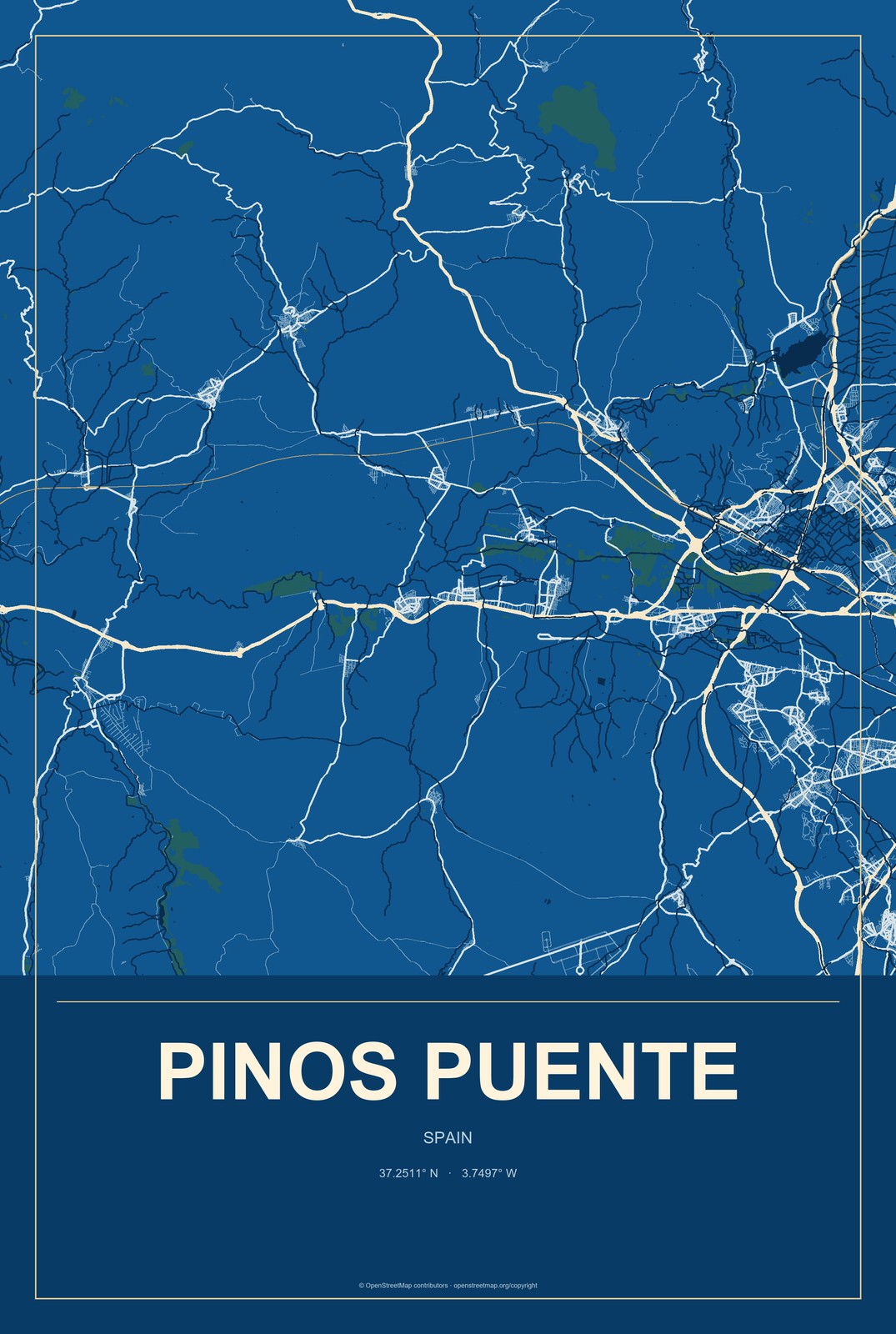 Pinos Puente, Spain City Map Aluminum Sign in Harbor Cobalt style