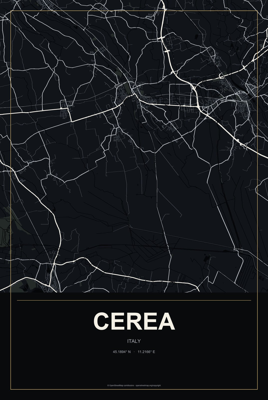 Cerea, Italy City Map Aluminum Sign in Metropolitan Noir style