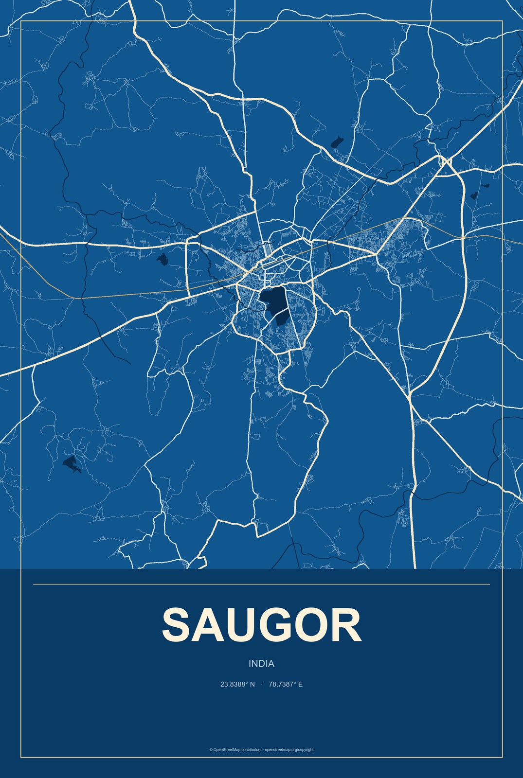 Saugor, India City Map Aluminum Sign in Harbor Cobalt style