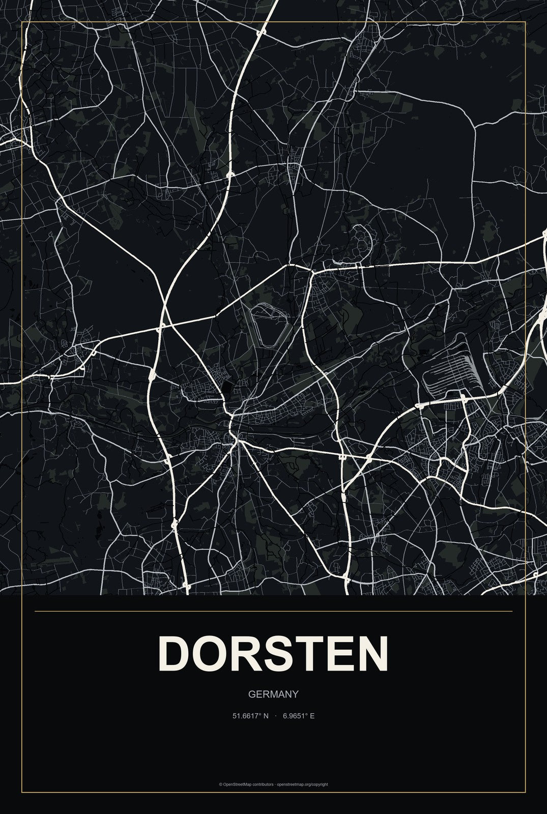 Dorsten, Germany City Map Aluminum Sign in Metropolitan Noir style
