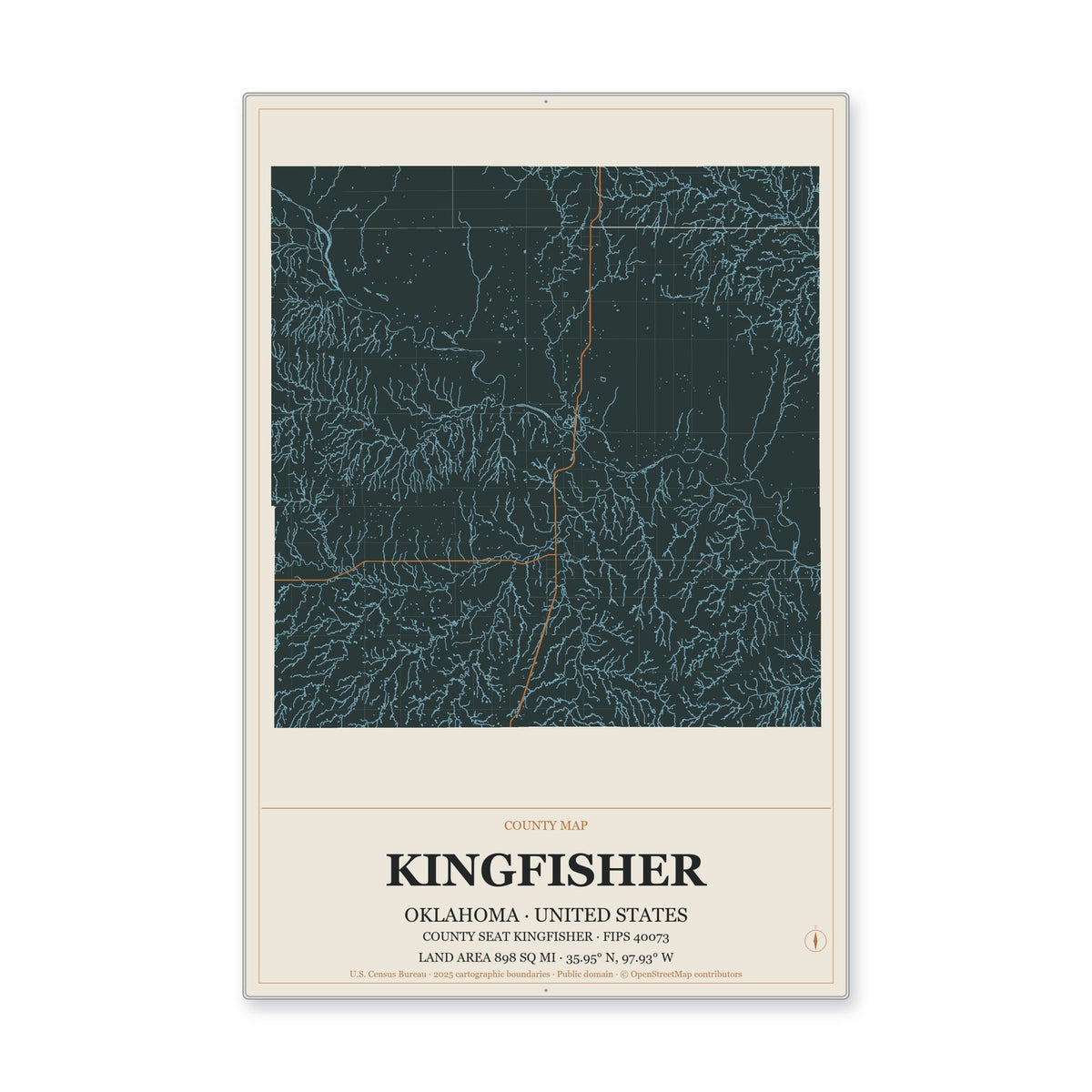Kingfisher County, Oklahoma Map Aluminum Sign in Headline Atlas style