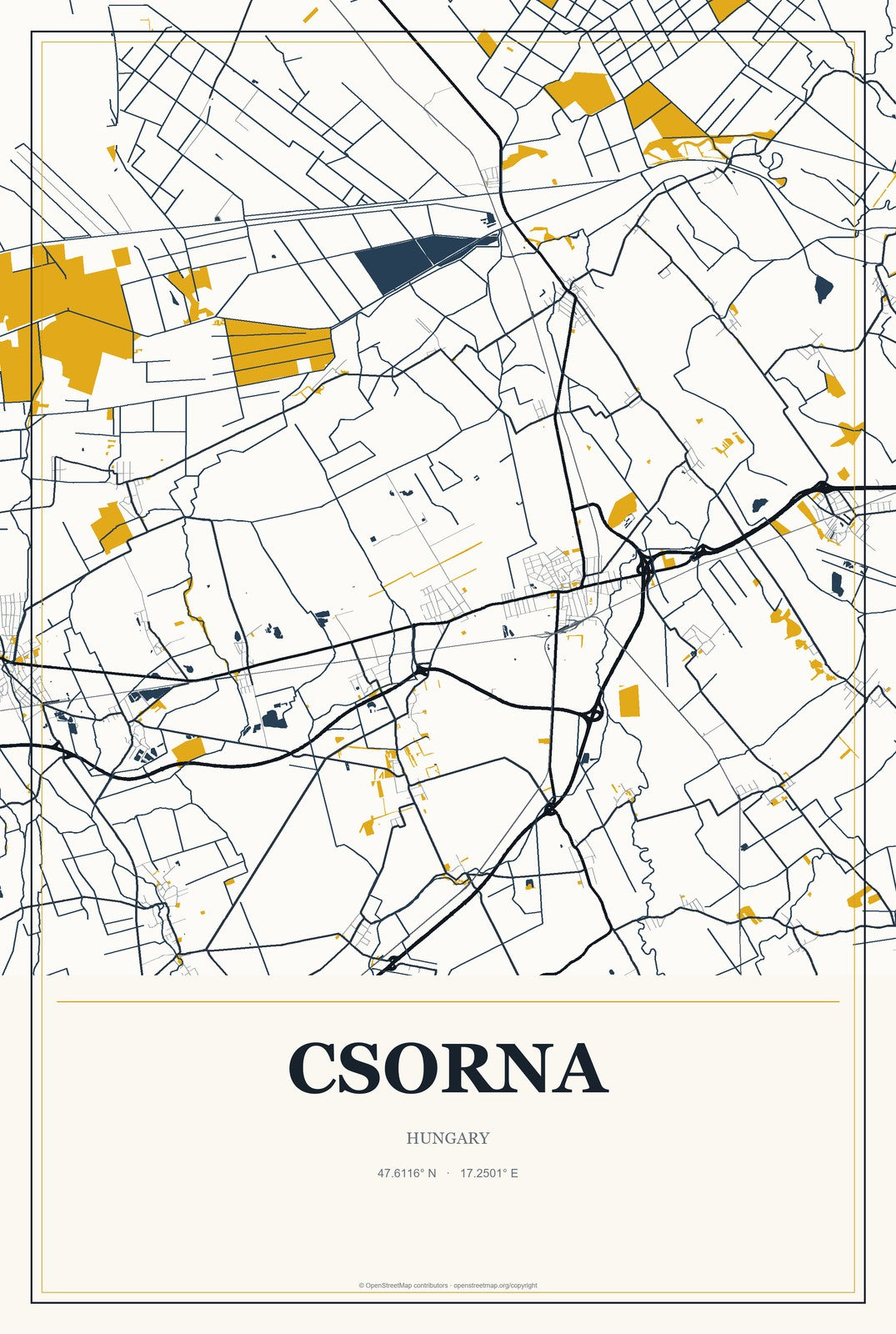 Csorna, Hungary City Map Aluminum Sign in Citrine Modern style