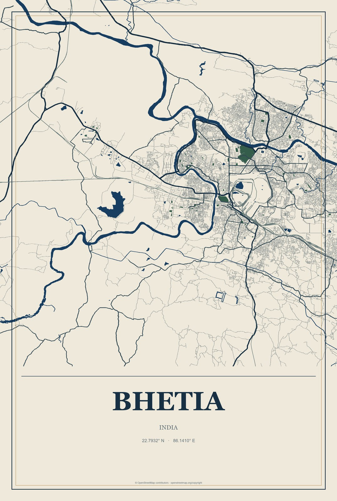 Bhetia, India City Map Aluminum Sign in Coastal Cutout style