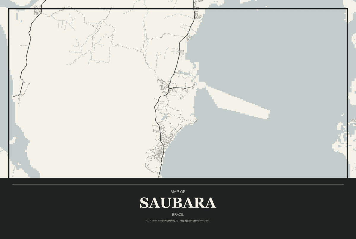 Saubara, Brazil City Map Aluminum Sign in Museum Plaque style