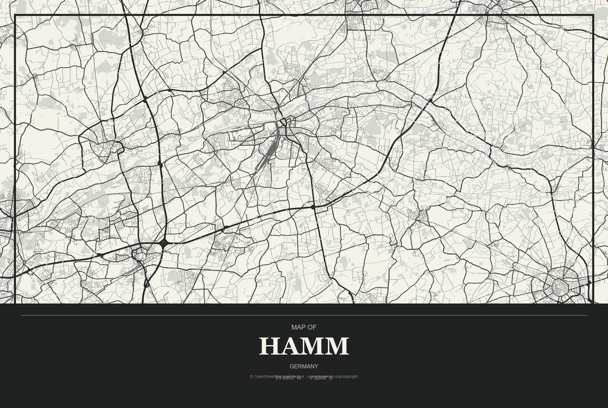 Hamm, Germany City Map Aluminum Sign in Museum Plaque style