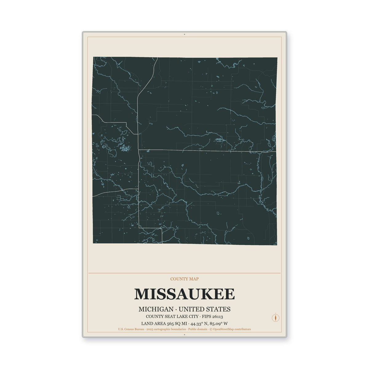 Missaukee County, Michigan Map Aluminum Sign in Headline Atlas style