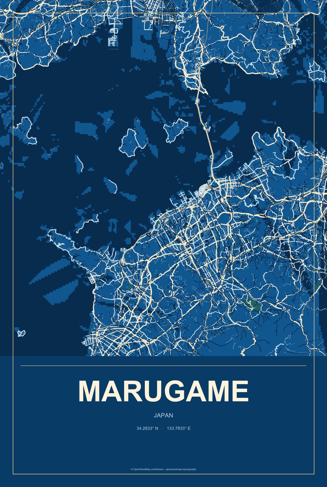 Marugame, Japan City Map Aluminum Sign in Harbor Cobalt style
