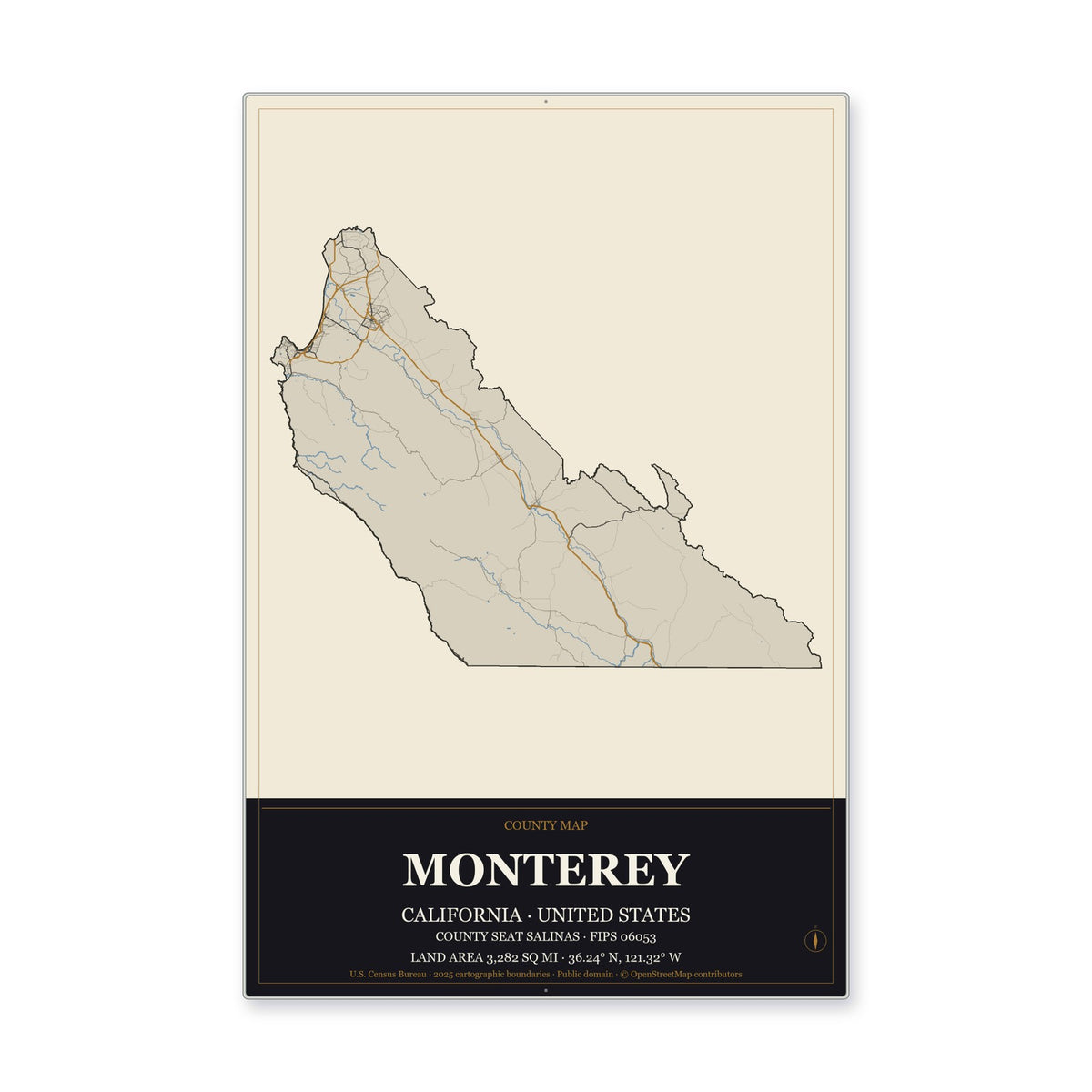 Monterey County, California Map Aluminum Sign in Museum Plaque style