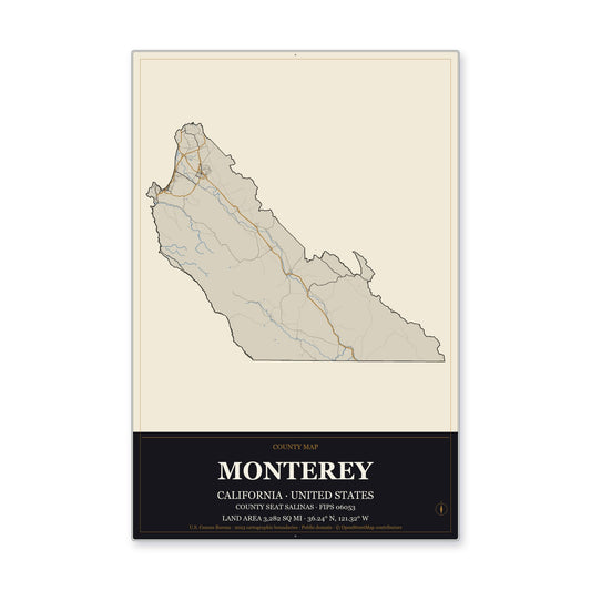 Monterey County, California Map Aluminum Sign in Museum Plaque style
