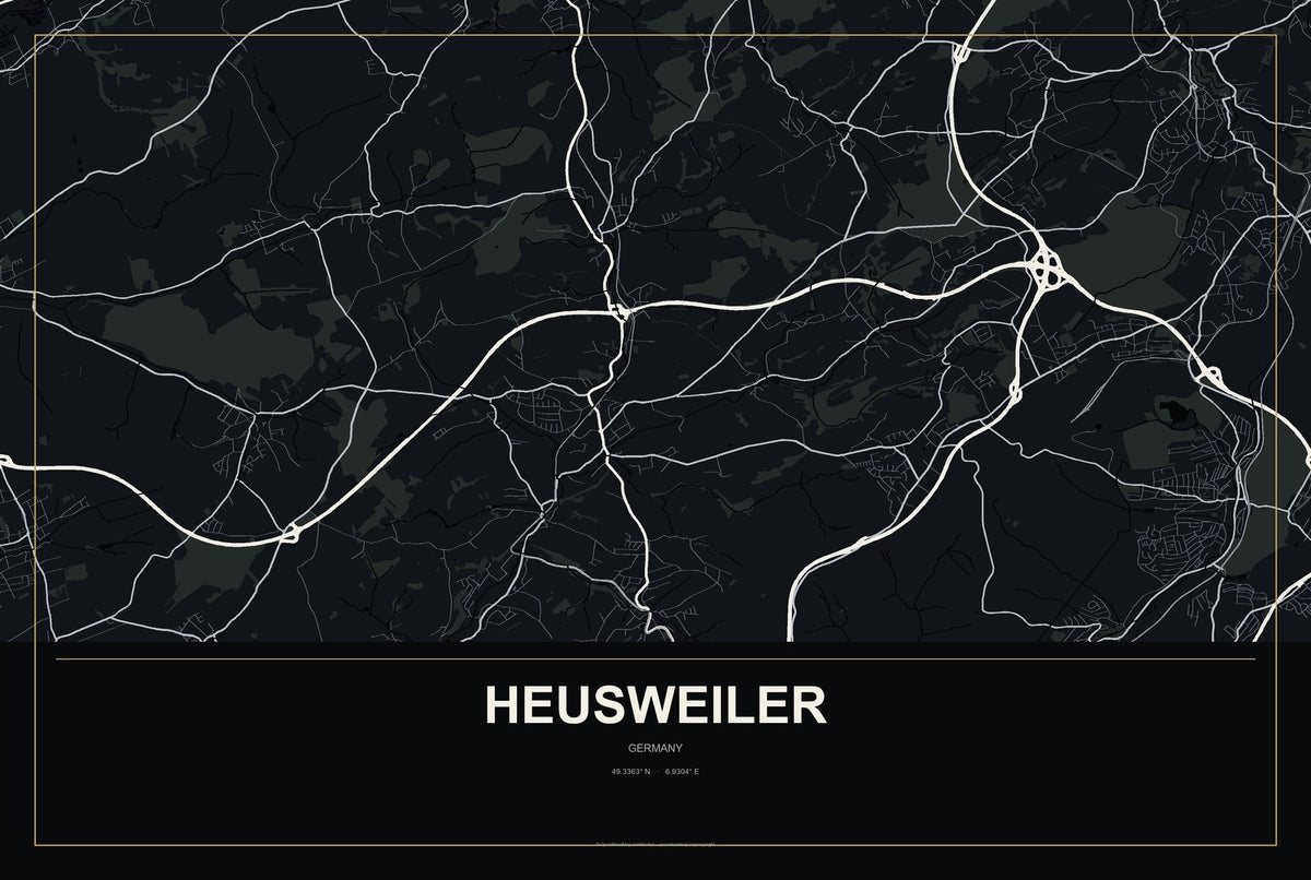 Heusweiler, Germany City Map Aluminum Sign in Metropolitan Noir style