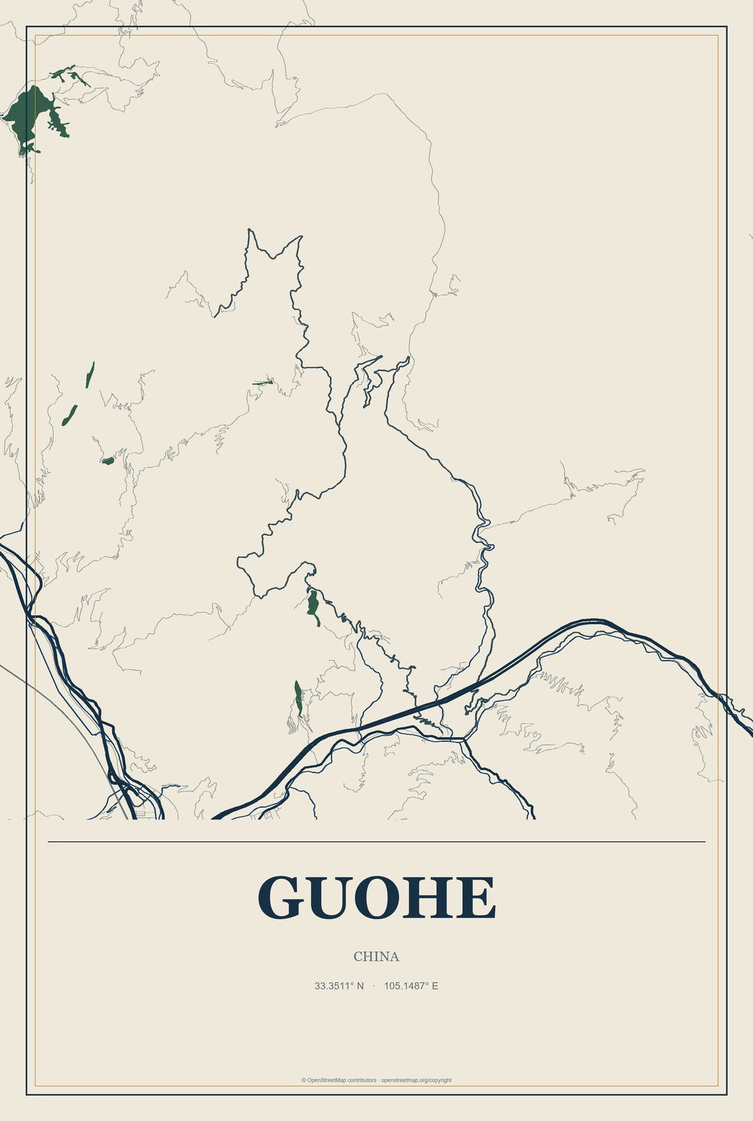 Guohe, China City Map Aluminum Sign in Coastal Cutout style