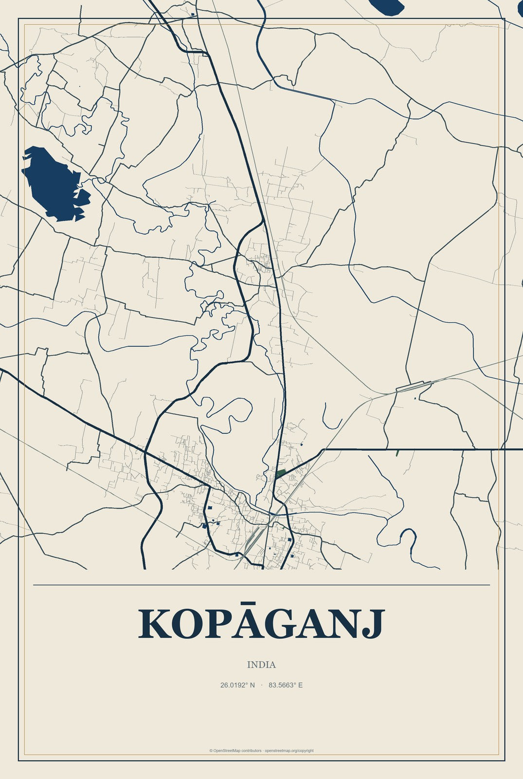 Kopāganj, India City Map Aluminum Sign in Coastal Cutout style