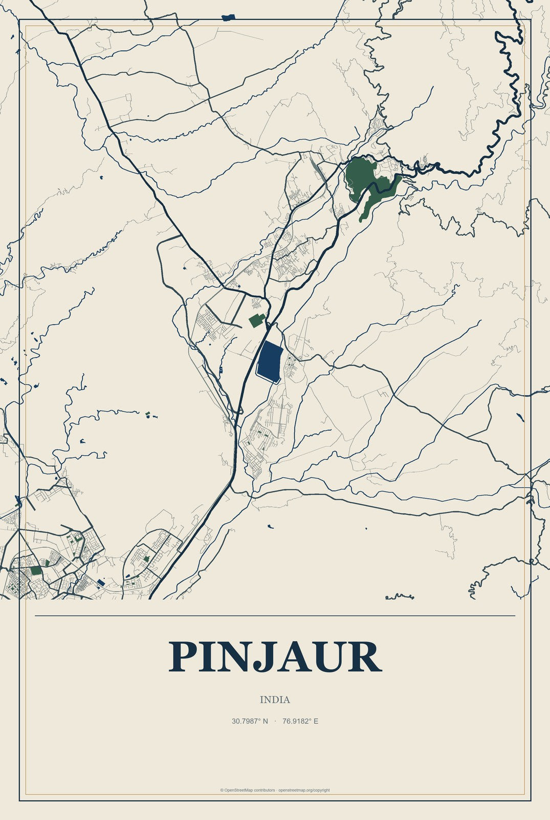 Pinjaur, India City Map Aluminum Sign in Coastal Cutout style