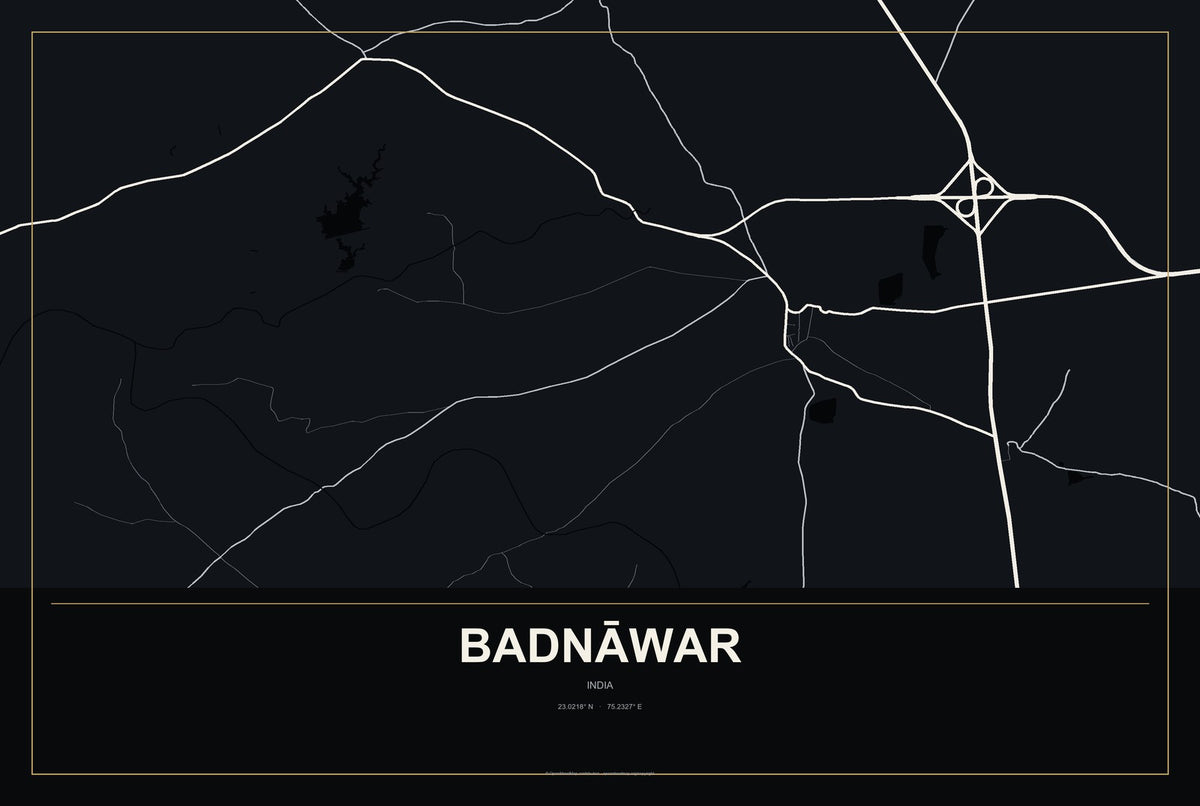 Badnāwar, India City Map Aluminum Sign in Metropolitan Noir style