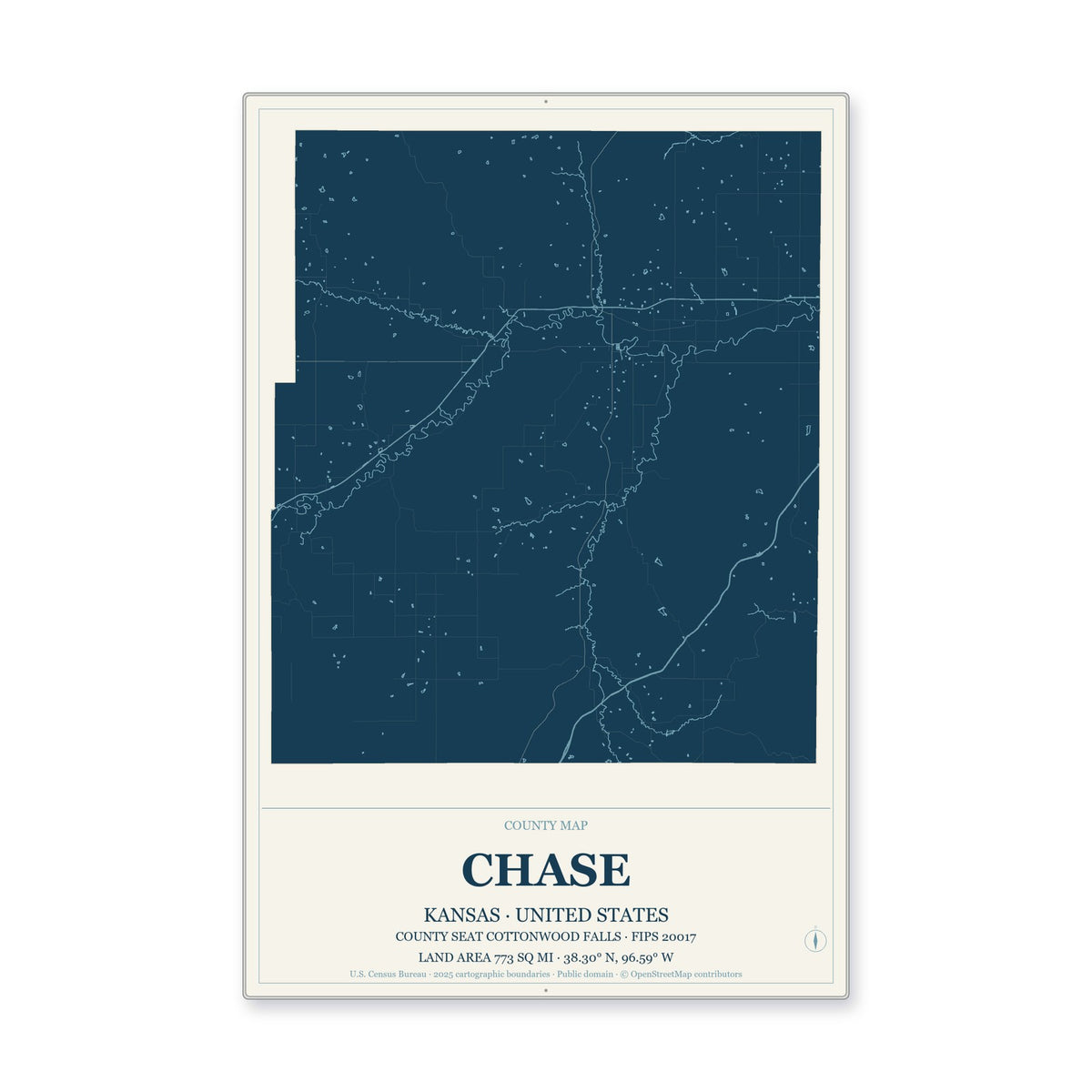 Chase County, Kansas Map Aluminum Sign in Coastal Cutout style