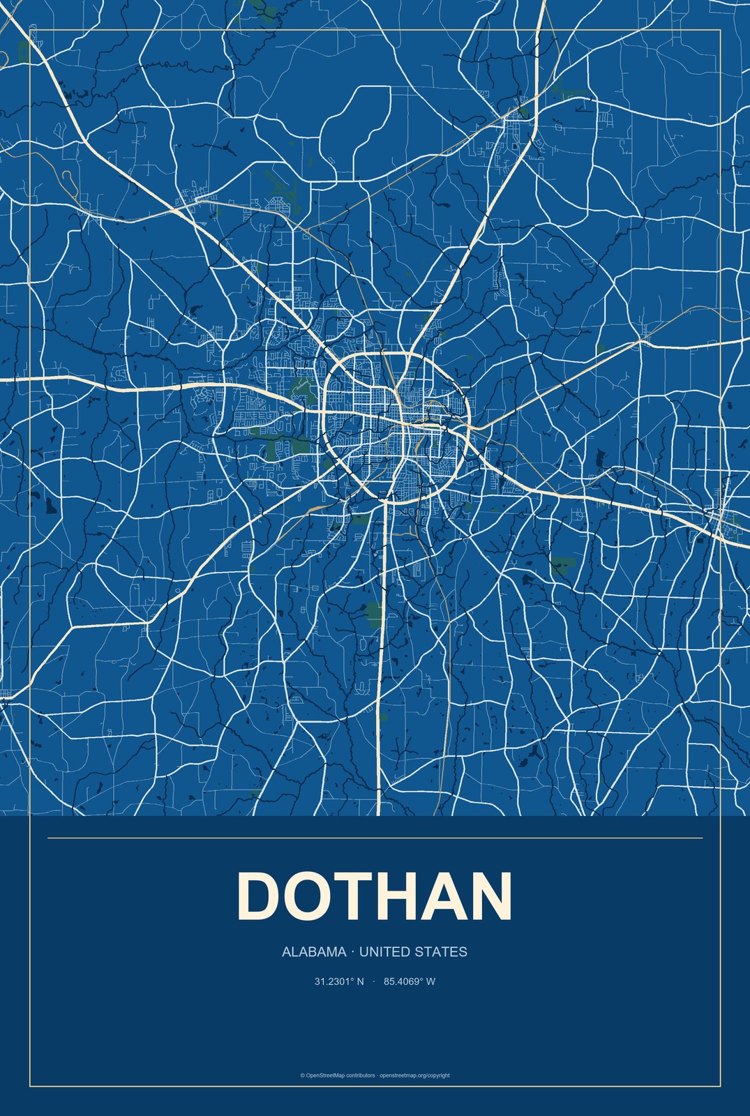 Dothan, Alabama City Map Aluminum Sign in Harbor Cobalt style