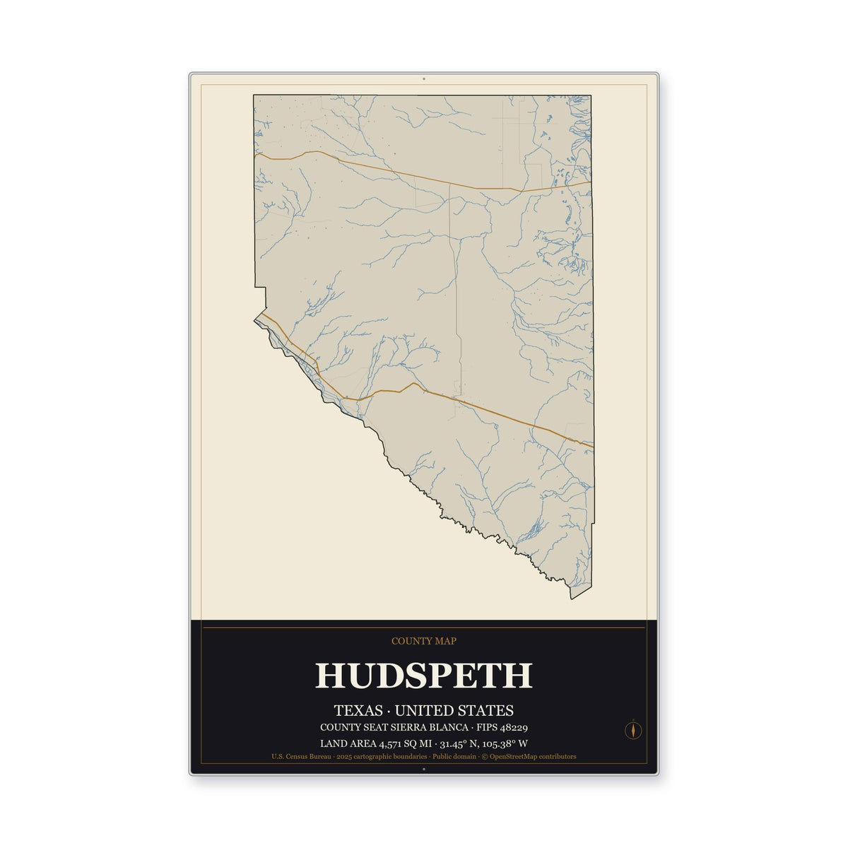 Hudspeth County, Texas Map Aluminum Sign in Museum Plaque style
