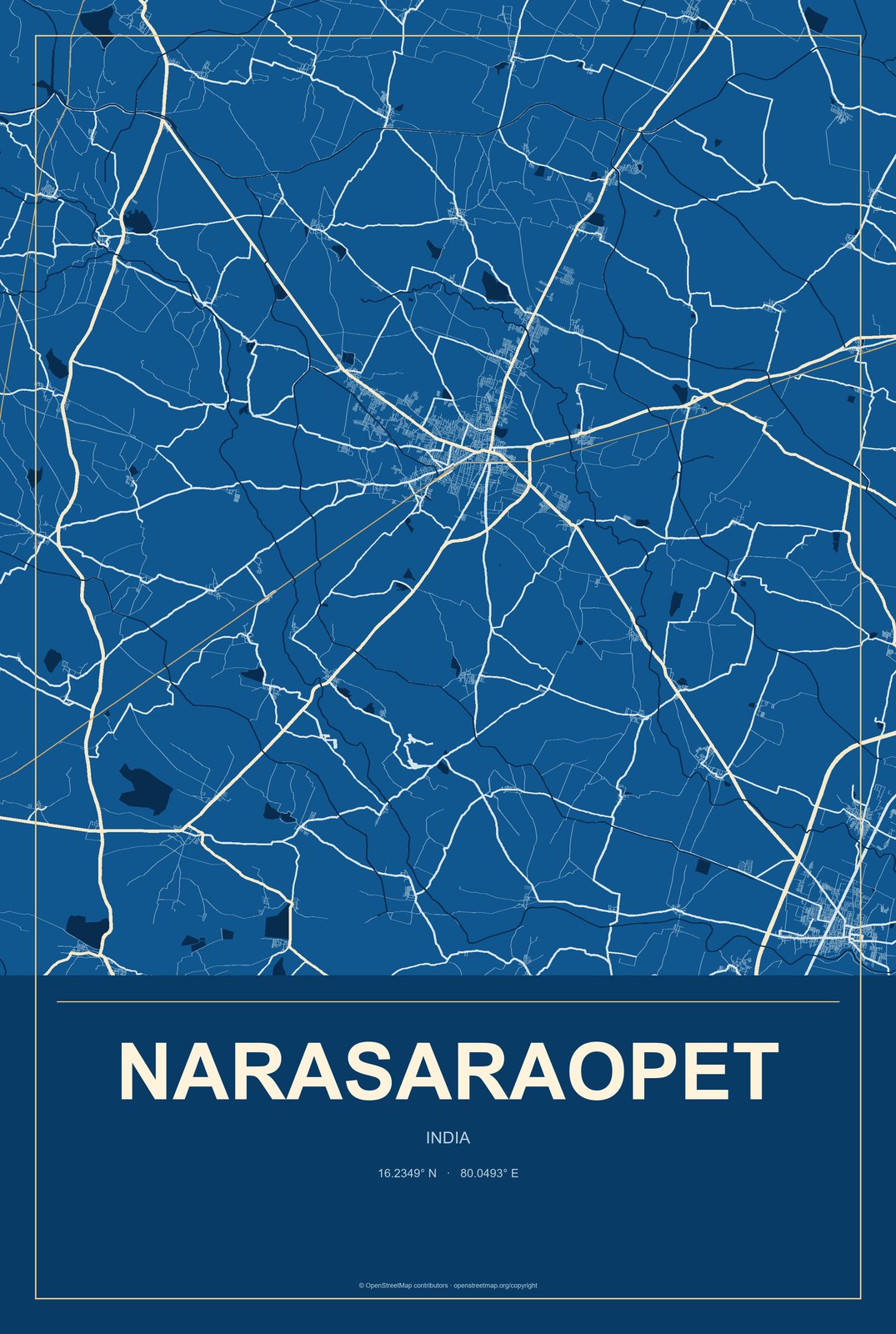 Narasaraopet, India City Map Aluminum Sign in Harbor Cobalt style