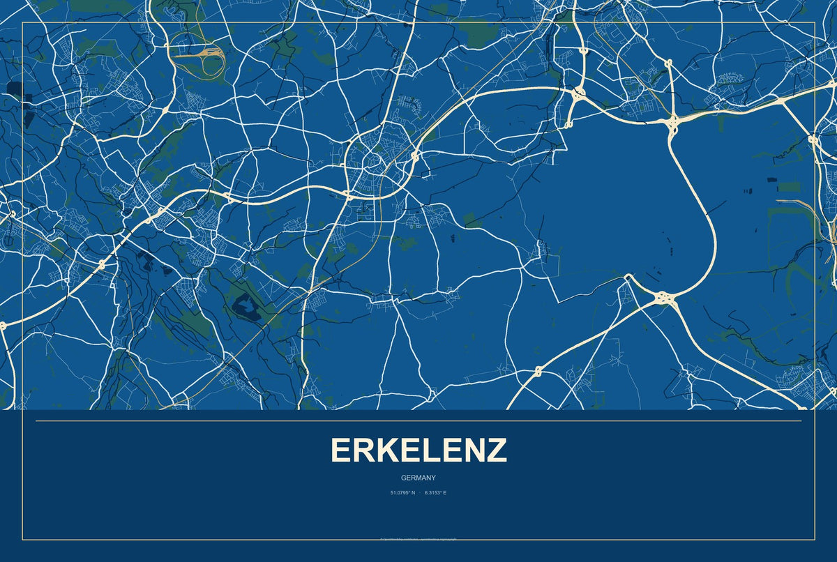 Erkelenz, Germany City Map Aluminum Sign in Harbor Cobalt style