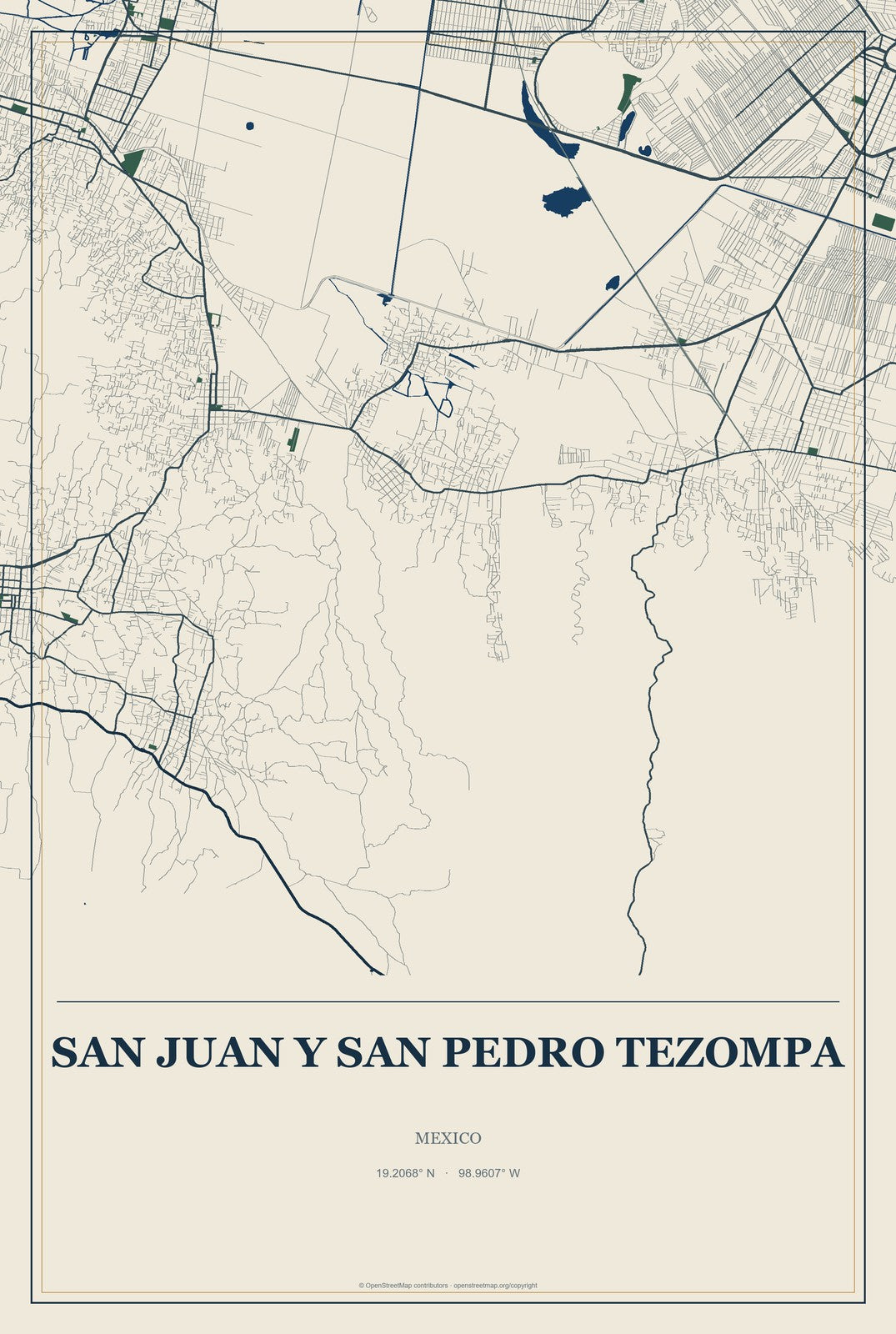 San Juan y San Pedro Tezompa, Mexico City Map Aluminum Sign in Coastal Cutout style