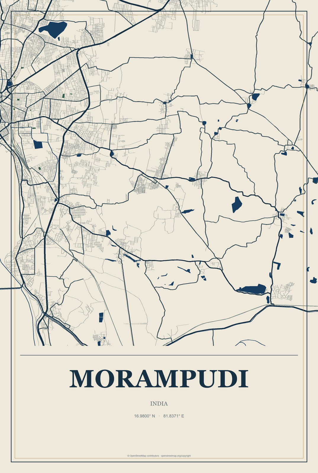 Morampudi, India City Map Aluminum Sign in Coastal Cutout style