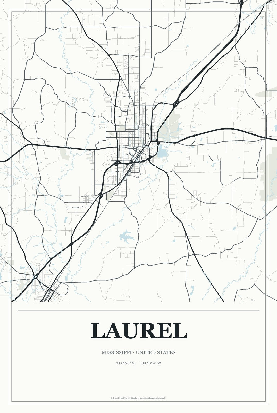 Laurel, Mississippi City Map Aluminum Sign in Gallery Air style