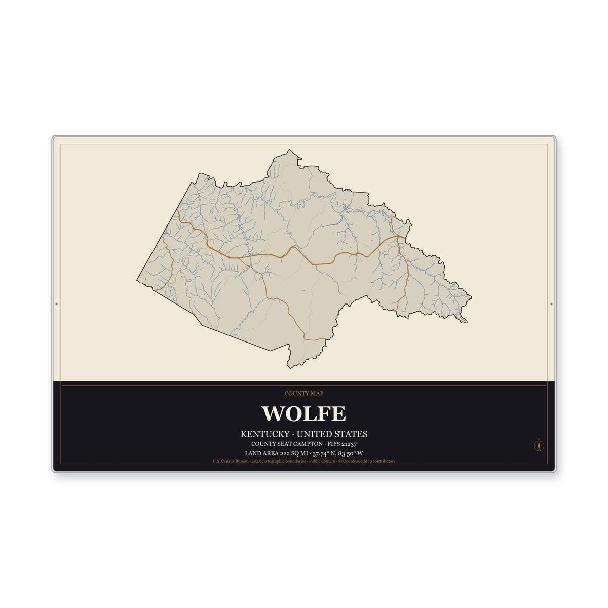 Wolfe County, Kentucky Map Aluminum Sign in Museum Plaque style