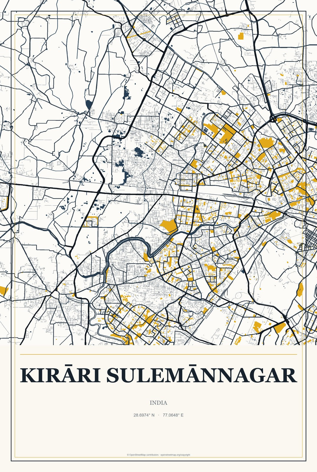 Kirāri Sulemānnagar, India City Map Aluminum Sign in Citrine Modern style