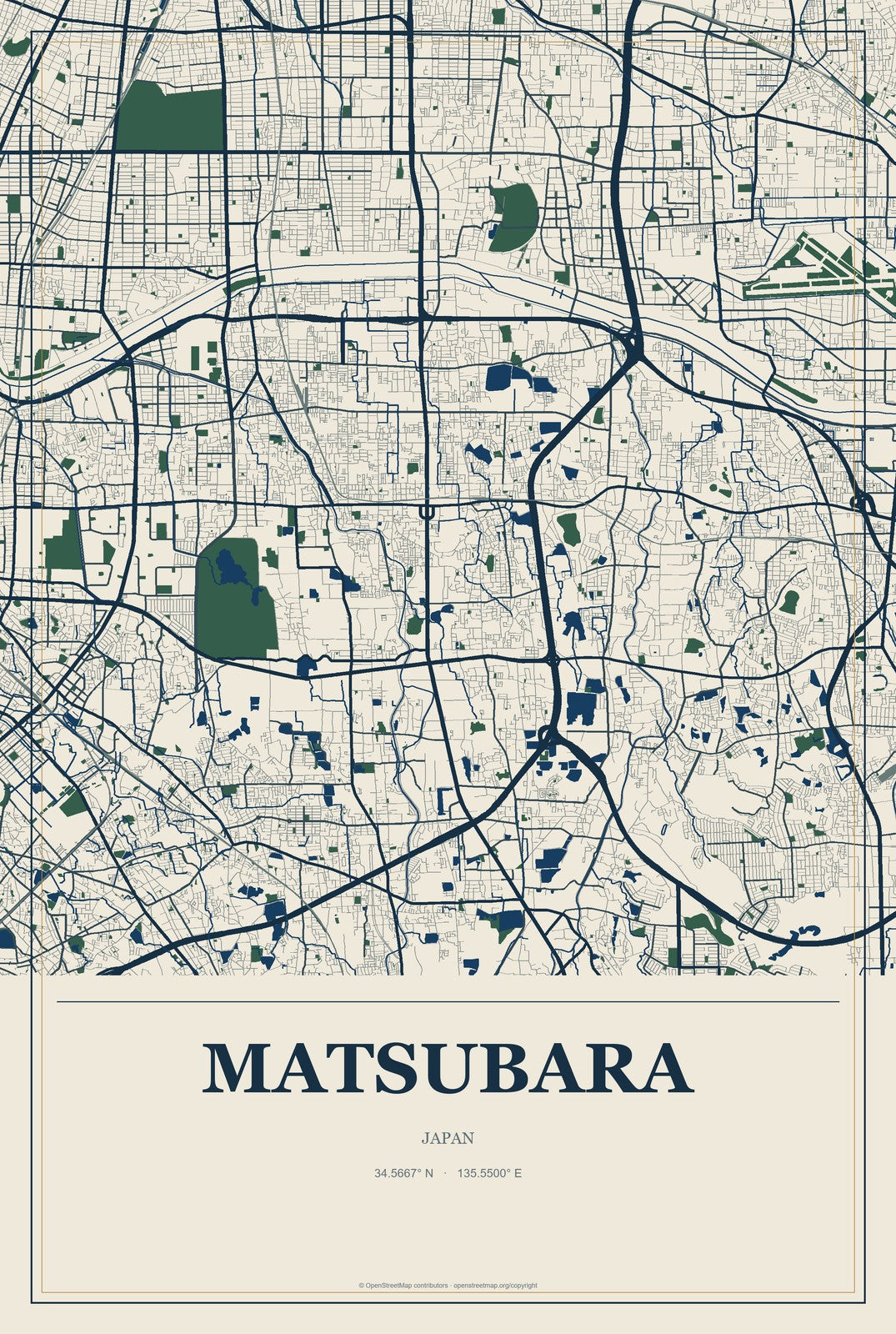 Matsubara, Japan City Map Aluminum Sign in Coastal Cutout style