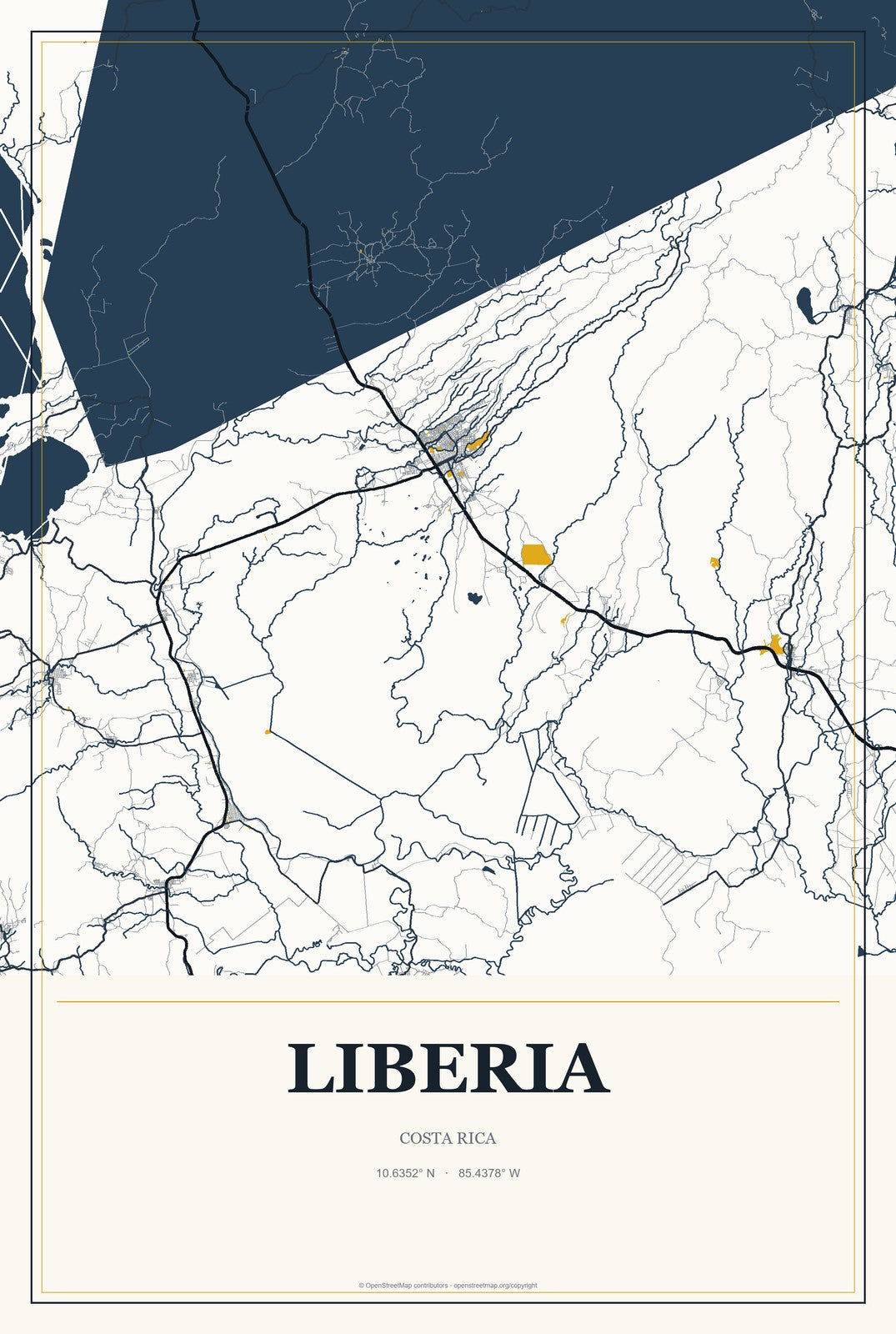 Liberia, Costa Rica City Map Aluminum Sign in Citrine Modern style