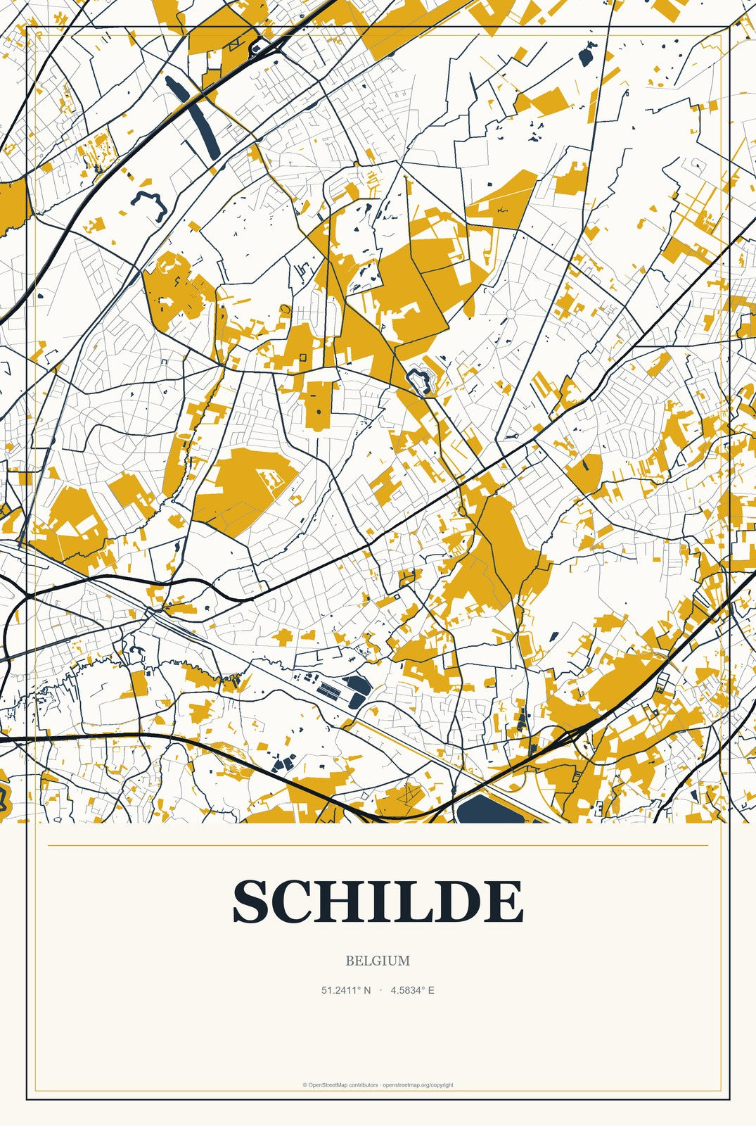 Schilde, Belgium City Map Aluminum Sign in Citrine Modern style