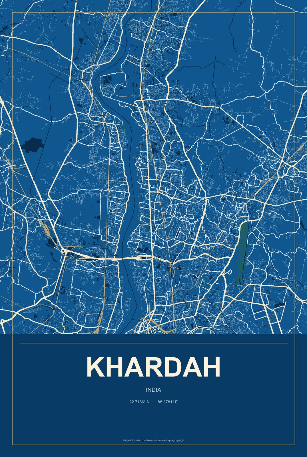 Khardah, India City Map Aluminum Sign in Harbor Cobalt style