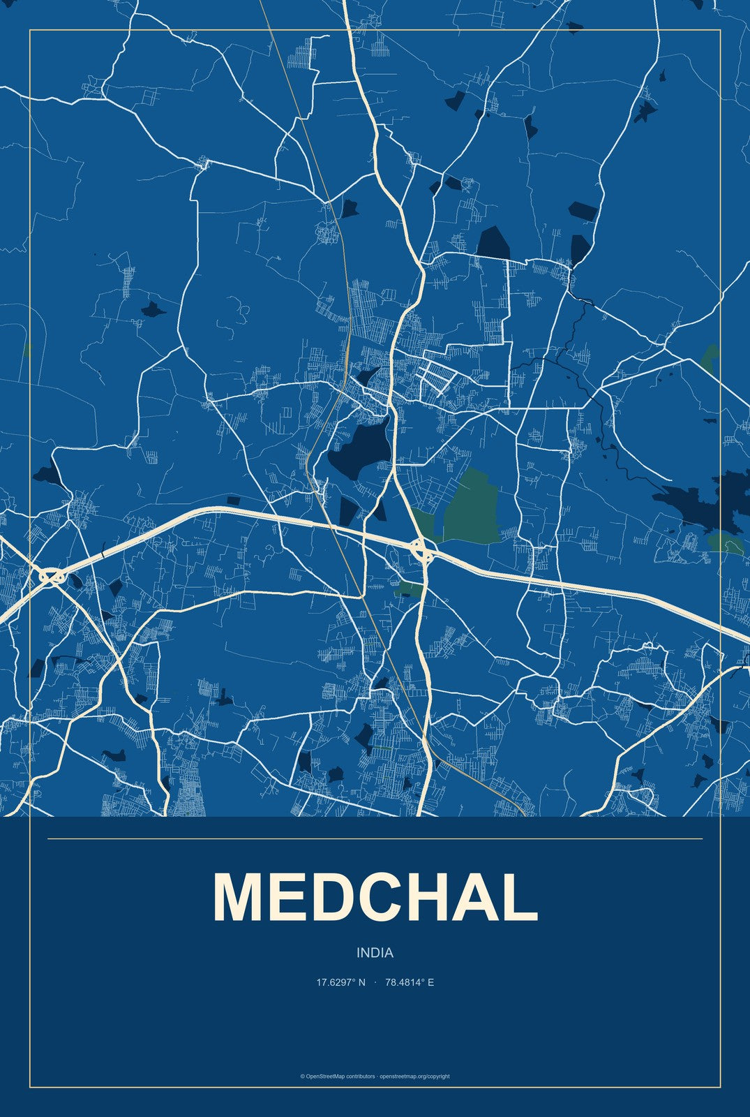 Medchal, India City Map Aluminum Sign in Harbor Cobalt style