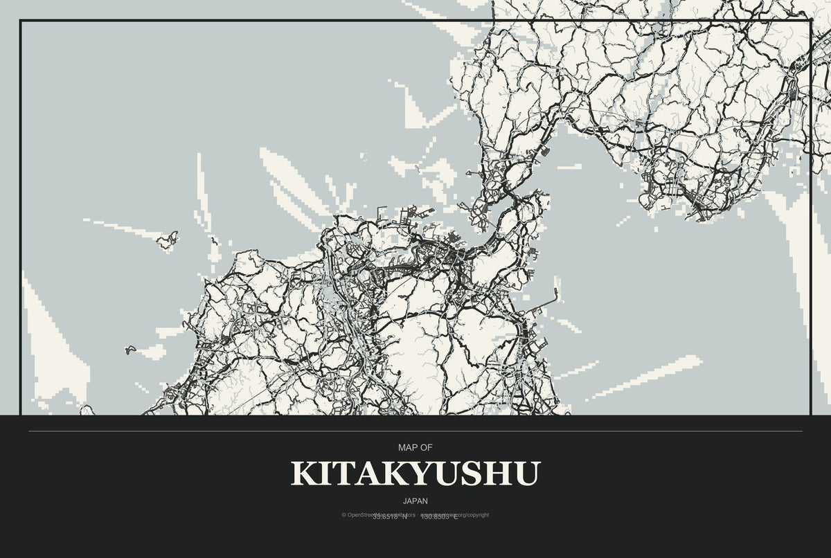 Kitakyushu, Japan City Map Aluminum Sign in Museum Plaque style