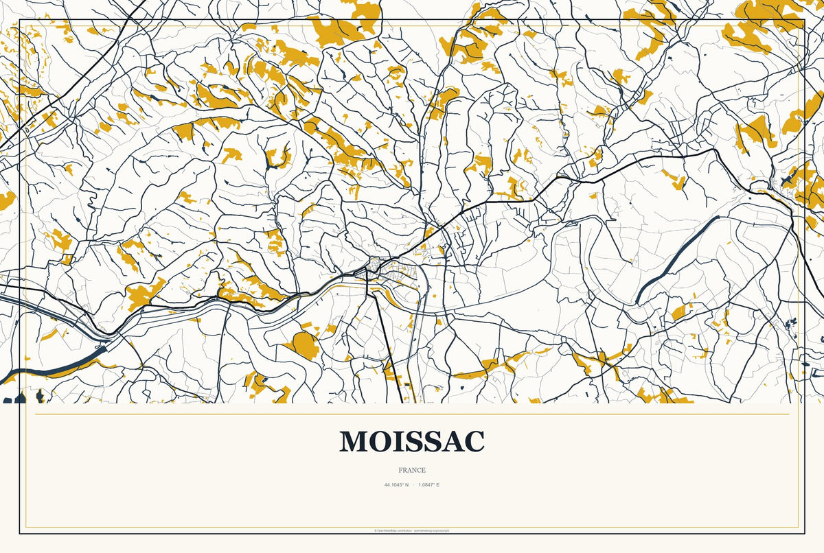 Moissac, France City Map Aluminum Sign in Citrine Modern style